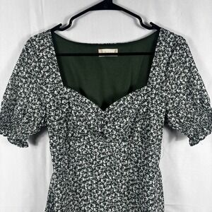 Altar'd State Dark Green Floral Puff Sleeve Mini Dress
